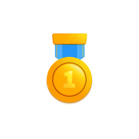 Gold winner medal with a ribbon for achievements in sport and business performance. Corporate and employee recognition award. Success and victory concept. Realistic  vector illustration. のイラスト素材