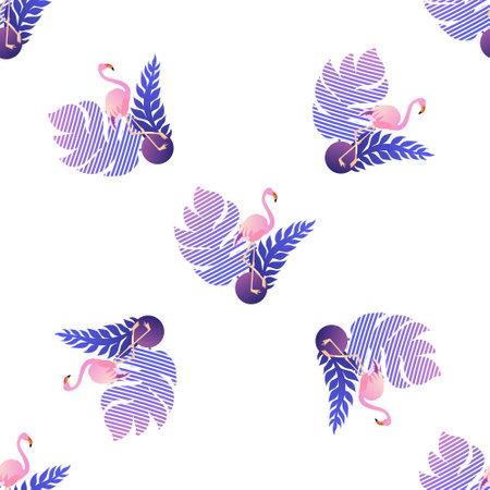 Summer flamingo seamless pattern with tropical leavesのイラスト素材