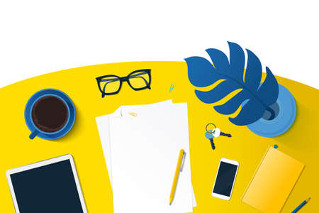 Workplace desk top view template for stay home conceptのイラスト素材