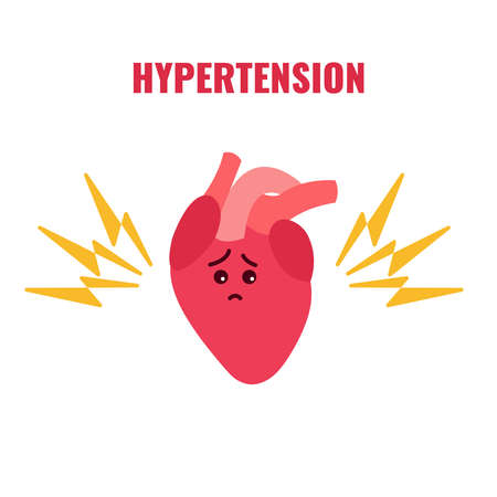 World hypertension awareness day. Sad heart cartoon charecter under a lot of pressure. High blood pressure treatment. Medical concept. Flat vector illustration.のイラスト素材