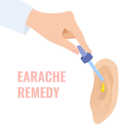Doctor treating earache by dripping drops to the patient ear. Otitis disease treatment. Remedy for hearing problems. Earache as a symptom of coronavirus. Medical vector illustration.のイラスト素材