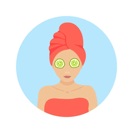 Woman with a towel on her head applying facial mask. Beauty treatment spa therapy. Beauty, wellness and health concept. Vector illustration.のイラスト素材