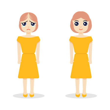 Female cartoon character vector illustration with hair loss problem. Young woman after alopecia treatment. Health problem concept.のイラスト素材