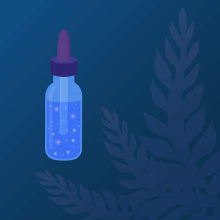 Glass oil dropper bottle on the leaves background for aromatherapy concept. Cosmetic supreme serum essence. Face skin care solution. Natural herbal ingredient for beauty treatment. Vector illustrationのイラスト素材