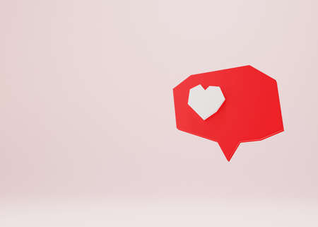 Like social media notification. Heart in red speech bubble 3d render illustration. Followers love, blogging and streaming concept.の写真素材