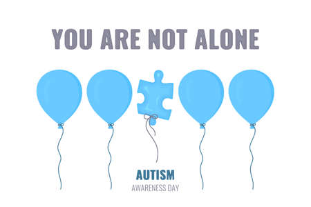 Autism disorder awareness poster. Puzzle balloon in the row of round balloons. Just different quote. Solidarity and support vector illustration in cartoon style. Healthcare and medical concept.のイラスト素材