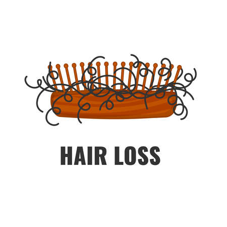 Hairbrush with hair stuck in the bristle. Curly hair strands on a comb. Excessive hair fall problem. Alopecia symptom concept. Vector illustration.のイラスト素材