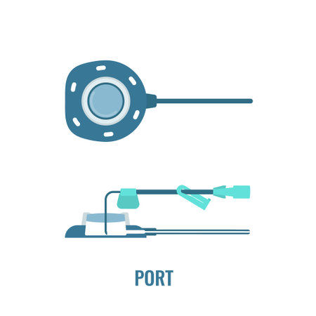 Implantable venous access port cross section. Under the skin central line access device for chemotherapy infusion, medication administration and blood drawing. Medical vector illustration.のイラスト素材
