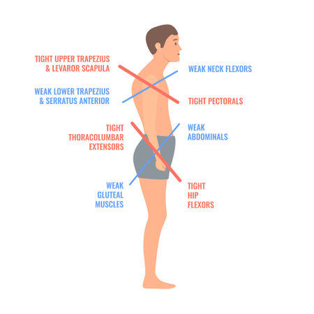 Upper and lower crossed syndrome medical diagram. Crooked man with muscle strength imbalance. Weak and overactive muscles therapy. Incorrect spine curvature caused by bad posture. Vector illustration.のイラスト素材