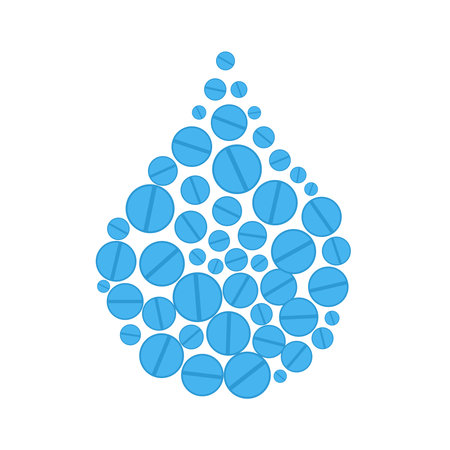 Water drop made of pills icon. Antibiotics in surface water supply. Aquatic contamination. Hospital wastewater treatment symbol. Antimicrobial resistance sign. Aquaculture concept. Vector illustrationのイラスト素材