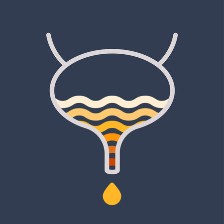 Urine color chart diagram. Bladder with urine drops showing different hydration level. Straw yellow to brown pee specimen. Medical concept. Vector illustration.のイラスト素材
