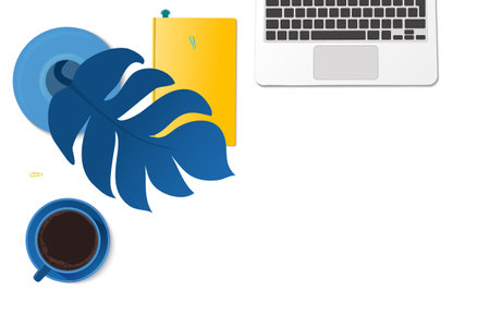 Work space vector mock up. Flat lay top view on realistic coffee cup, notepad, laptop, monstera leaf. Minimalistic home office stationery set for freelance, distant work, online studying concept.のイラスト素材