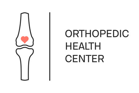 Orthopedic health center logo. Knee joint bones with a heart emblem. Musculoskeletal system disorders treatment concept. Human body anatomy icon. Medical vector illustration.のイラスト素材