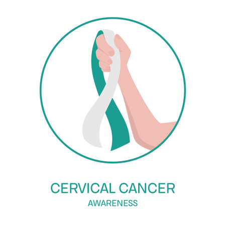Cervical cancer awareness poster. Teal and white ribbon in a hand on white background. Female reproductive system disease prevention. Medical concept. Vector illustration.のイラスト素材