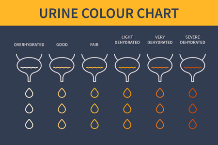 Urine color chart diagram. Bladders with urine drops showing different hydration level. Straw yellow to brown pee specimen. Medical concept. Vector illustration.のイラスト素材