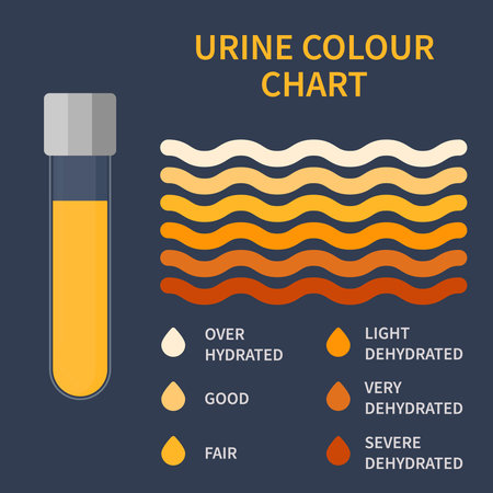 Urine colour chart. Hydration and dehydration level diagram. Medical urinal test kit for urinary tract infection research. Containers with yellow to brown pee for urinalysis. Vector illustration.のイラスト素材