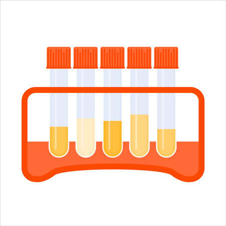 Urine sample rack with test tubes showing dehydration level. Yellow specimen liquid containers kit. Laboratory equipment. Medical concept. Vector illustration.のイラスト素材