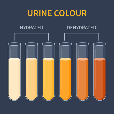 Urine colour chart. Hydration and dehydration level diagram. Medical urinal test kit for urinary tract infection research. Containers with yellow to brown pee for urinalysis. Vector illustration.のイラスト素材