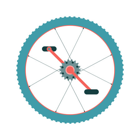 Bike wheel with chain ring and break pedals icon. Sport gear spare parts. Cycling equipment sign. Vector illustration.のイラスト素材