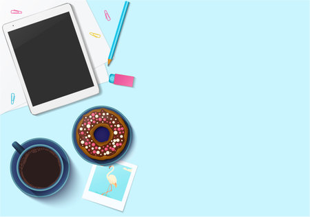 Workplace collection mock-up with office stuff for your design. Top view on realistic computer tablet, coffee cup, doughnut, photo, paper, clips, pencil, eraser. Vector illustration.のイラスト素材