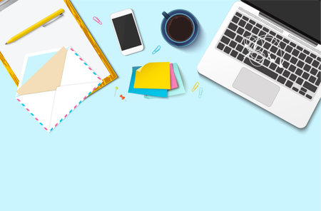 Workplace vector mock-up set. Flat lay top view on realistic mobile phone, laptop, earphones, paper, pen, envelope, stickers, clips, coffee cup. Blog header. Home office, freelance concept...のイラスト素材