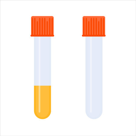 Urine sample in test tube showing dehydration level. Yellow specimen liquid and empty container. Laboratory equipment. Medical concept. Vector illustration.のイラスト素材