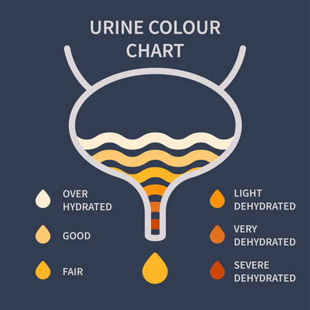 Urine color chart diagram. Bladder with urine drops showing different hydration level. Straw yellow to brown pee specimen. Medical concept. Vector illustration.のイラスト素材