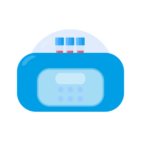 Centrifuge laboratory device for blood processing and separation of components. Tubes with samples in the rotor. Tool for protein purification and DNA extraction. Medical concept. Vector illustration.のイラスト素材