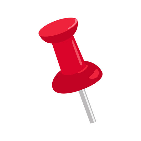 Thumbtack icon. Thumb tack office supply. Pin button with flat head for attaching papers, memos and notes to boards in offices, schools or homes. Isolated vector illustration on white.のイラスト素材
