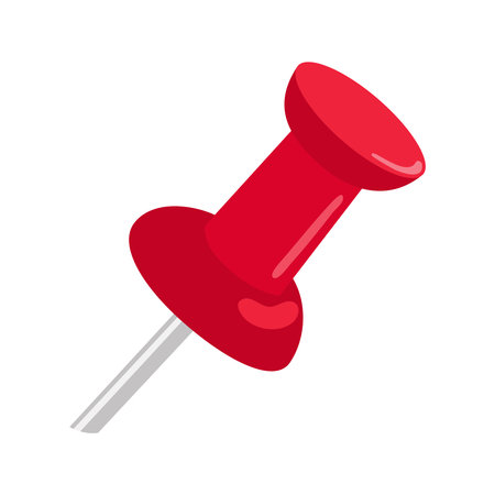 Thumbtack icon. Thumb tack office supply. Pin button with flat head for attaching papers, memos and notes to boards in offices, schools or homes. Isolated vector illustration on white.のイラスト素材
