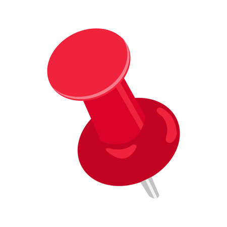 Thumbtack icon. Thumb tack office supply. Pin button with flat head for attaching papers, memos and notes to boards in offices, schools or homes. Isolated vector illustration on white.のイラスト素材