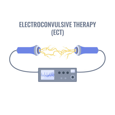 Electroconvulsive therapy for severe depression and schizophrenia treatment. ECT electrodes placement. Brain stimulation equipment for bipolar and major depressive disorders. Vector illustration.のイラスト素材