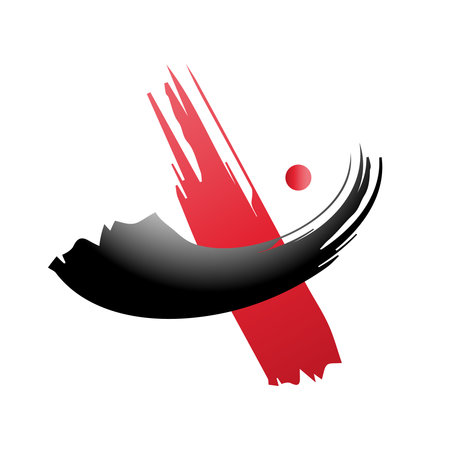 Abstract art poster in Japanese style. Black and red ink brush strokes on white background. Minimalist painting texture decoration. Bold artwork design. Vector illustration.のイラスト素材
