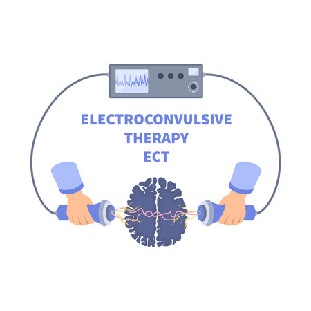 Electroconvulsive therapy for severe depression and schizophrenia treatment. ECT electrodes placement. Brain stimulation equipment for bipolar and major depressive disorders. Vector illustration.のイラスト素材