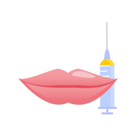 Lip dermal filler plumping injection for volume enhancement. Mouth cosmetic treatment of contouring and reshaping correction. Rejuvenation beauty concept. Flat vector illustration isolated on white.のイラスト素材