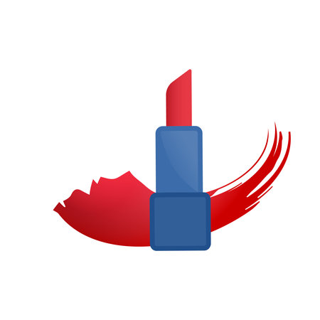 Red lipstick smear icon. Lipstick pigment palette texture swatch. Makeup colour sample. Cosmetic product for beautiful smile. Flat vector illustration on white background.のイラスト素材