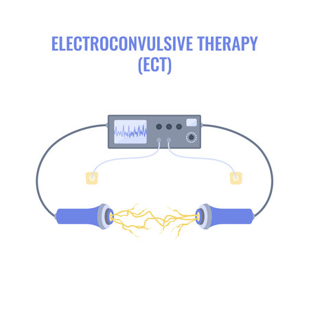 Electroconvulsive therapy for severe depression and schizophrenia treatment. ECT electrodes placement. Brain stimulation equipment for bipolar and major depressive disorders. Vector illustration.のイラスト素材