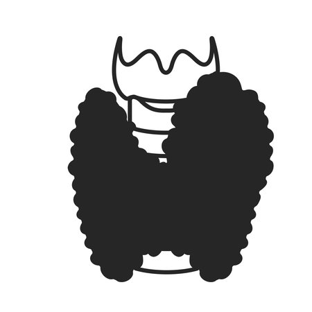 Enlarged thyroid gland lobe icon. Goiter lump swelling. Thyroid hormones function imbalance. Endocrine system disease. Hyperthyroidism and hypothyroidism. Isolated linear vector illustration.のイラスト素材