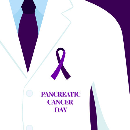 Pancreatic cancer awareness day poster background. Doctor with purple ribbon pin on white coat. Solidarity compain concept design. Digestive health support. Medical vector illustration.のイラスト素材