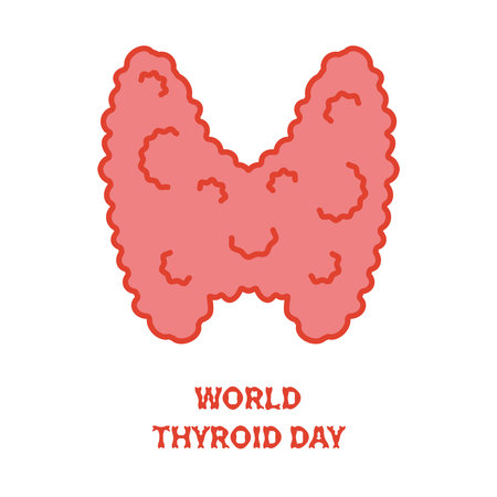 World thyroid day awareness day. Smiling thyroid gland lobe icon. Hormones function and metabolism. Endocrine system. Hyperthyroidism and hypothyroidism diseases. Anatomy diagram. Vector illustration.のイラスト素材
