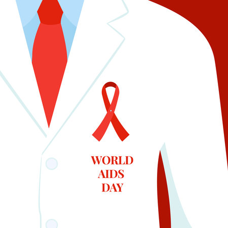 AIDS awareness day poster background. Doctor with red ribbon pin on white coat. Solidarity compain concept design. Symbol of acquired immune deficiency syndrome. Medical vector illustration.のイラスト素材