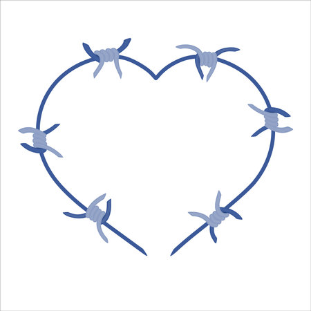 Barbed wire heart frame illustration. Sharp thorns of barbwire barrier zone border fence. Love concept. Vector illustration.のイラスト素材