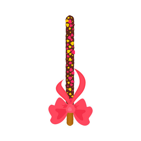 Chocolate chip cookie stick dipped in sprinkles with a bow. Ribbon decorated popping candy for Pepero day in Korea. Frosted biscuit dessert. Vector illustrationのイラスト素材