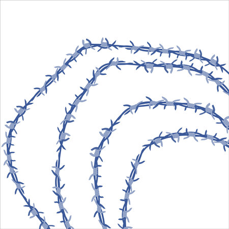 Barbed wire fence border frame illustration. Sharp thorns of barbwire barrier zone. Protection and security concept. Vector illustration.のイラスト素材