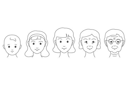 Life cycle and aging process. Transformation from a young girl to an elderly woman. Periods of childhood, adolescence, adulthood, maturity and old age. Face skin changes signs. Vector illustration.のイラスト素材