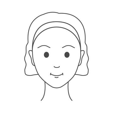 Portrait of a young woman. Teenage girl, school kid. Female face in front view. Happy and radiant look. Youthfulness concept. Linear vector illustration.のイラスト素材