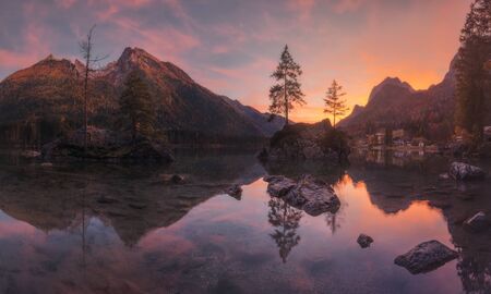 Germany. Bavaria. Sunset on Lake Hinterseeの写真素材