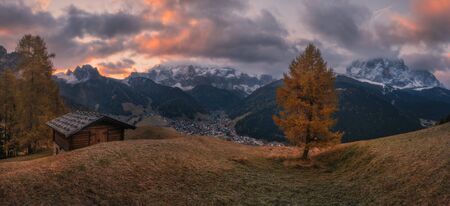 Italy. Dolomites. Morning panorama village Selva di Val Gardenaの写真素材