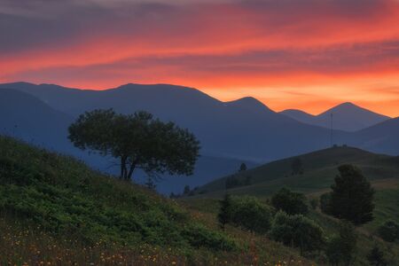 Ukraine. Carpathians. Dzembronya. Sunset sky in the mountains Kosarischeの写真素材