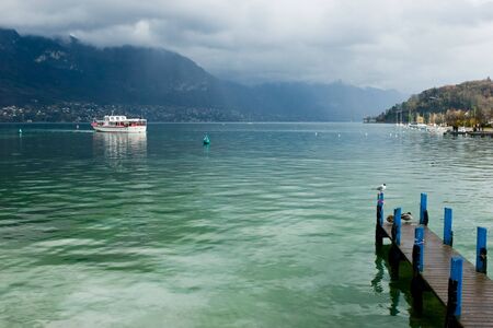 Pleasure boat at the Europe's cleanest Lake Annecy, Haute-Savoie,  Franceの写真素材